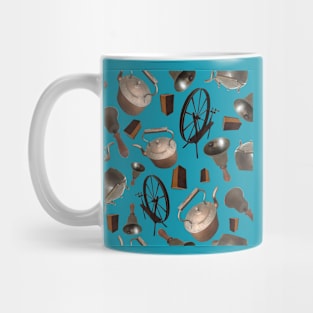 Bells, Books, Spinning Wheels and Kettles on Blue Mug